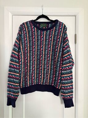 Vintage 90s Lord Jeff Multicolor Striped 3D Knit Sweater 100% Cotton Made in USA